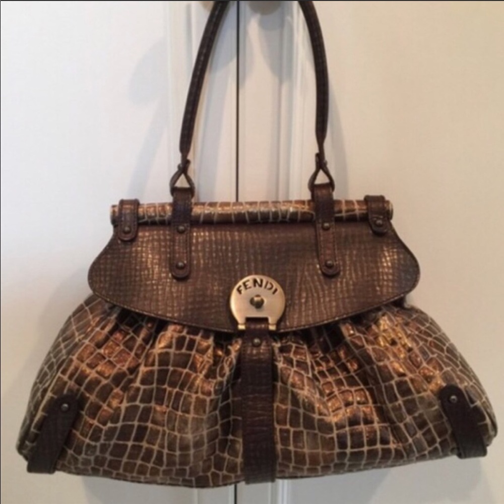 💯Authentic Fendi Metallic Croc Print on Canvas